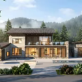 Mountain Forest Guesthouse Building With Large Glass Windows And Swimming Pool