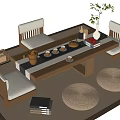 Natural Wooden Tea Table and Chairs with White Cushions Woven Stools Tea Set Green Plant