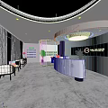 Modern Elegant Front Desk Reception With Marble Countertop Glass Partition And Round Ceiling Light