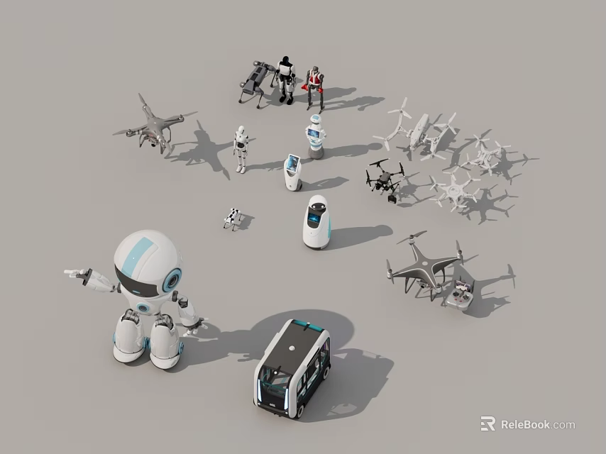 3D Rendered Collection of Various Robots Drones and Small Transport Vehicle 3d model 