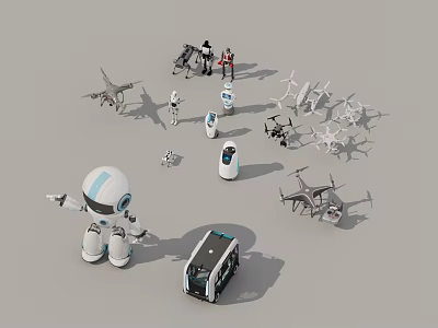 3D Rendered Collection of Various Robots Drones and Small Transport Vehicle 3d model