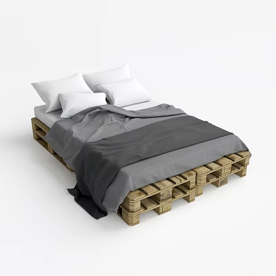 Rustic Double Bed With Wooden Pallet Frame White Pillows And Gray Blanket 3d model
