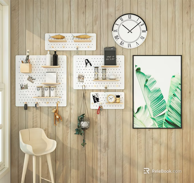 Wooden Wall Decor With Pegboards Clock Green Leaf Painting And Small Items 3d model 