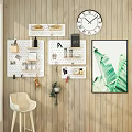 Wooden Wall Decor With Pegboards Clock Green Leaf Painting And Small Items