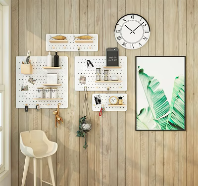 Wooden Wall Decor With Pegboards Clock Green Leaf Painting And Small Items 3d model