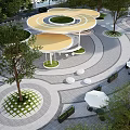 Urban Park Landscape With Circular Designs Green Lawns Lush Trees And Curved Pathways