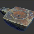 Ancient Rustic Square Clay Artifact With Handle And Central Hole Worn Surface