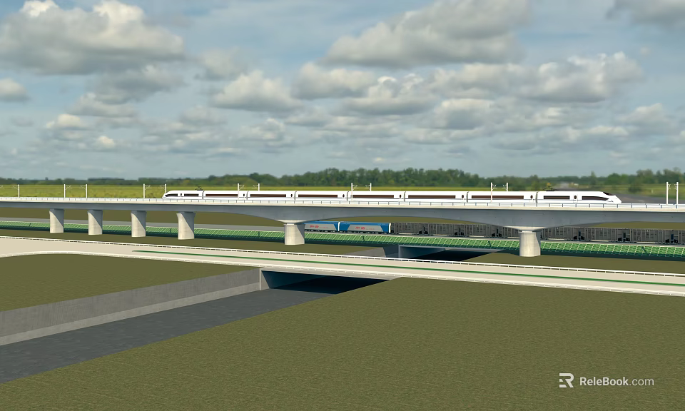 Elevated Bridge with White High Speed Train Over Green Fields Under Blue Sky and Clouds 3d model 