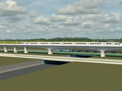 Elevated Bridge with White High Speed Train Over Green Fields Under Blue Sky and Clouds 3d model