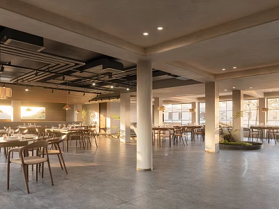 Modern Industrial Restaurant Interior With Tables Chairs Columns Large Windows And Abundant Light 3d model