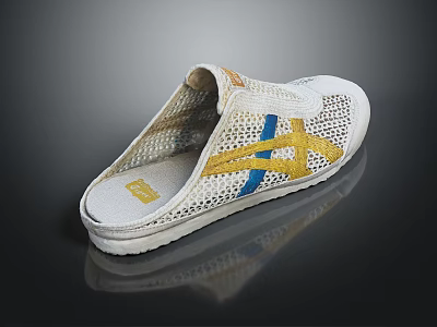 White Mesh Slippers With Yellow Blue Stripes Casual Open Back Comfortable Daily Wear 3d model