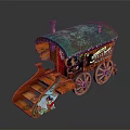 Decorative Red Carriage With Blue Green Roof Wooden Wheels Small Chimney And Cartoon Artwork