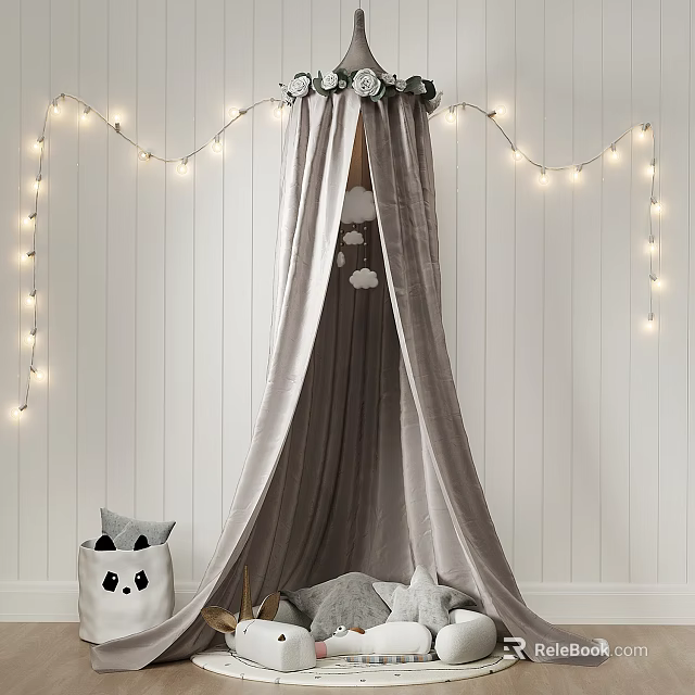 Gray Bed Canopy With Decorative Top String Lights Cloud Decorations And Panda Stuffed Toy 3d model 