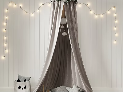 Gray Bed Canopy With Decorative Top String Lights Cloud Decorations And Panda Stuffed Toy 3d model