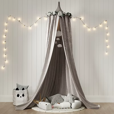 Gray Bed Canopy With Decorative Top String Lights Cloud Decorations And Panda Stuffed Toy 3d model