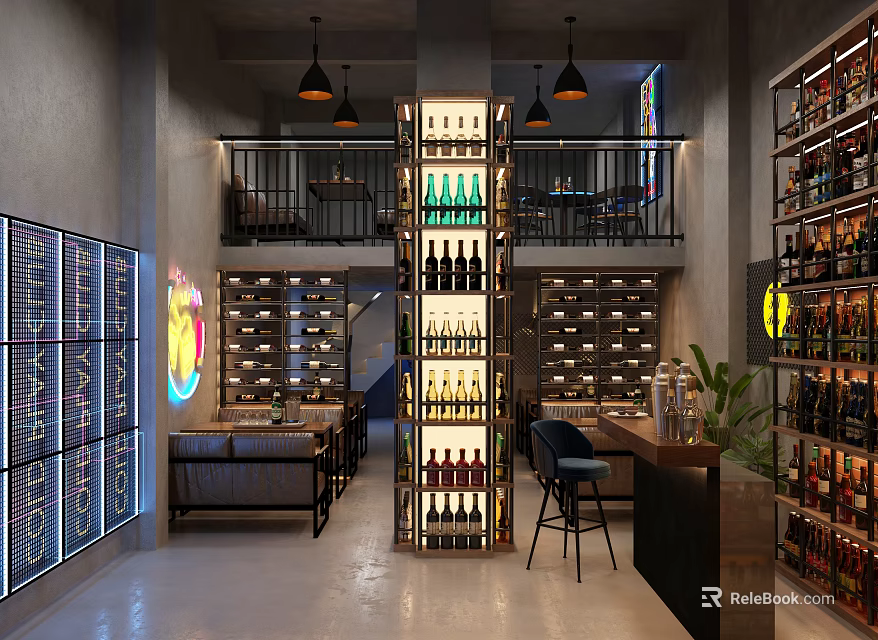 Modern Two Level Bar Interior With Wine Racks Bar Counter And Pendant Lights 3d model 