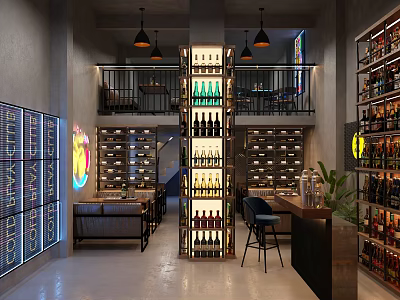 Modern Two Level Bar Interior With Wine Racks Bar Counter And Pendant Lights 3d model