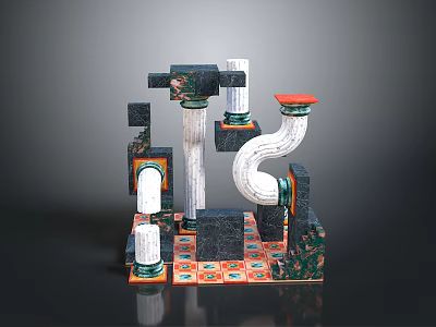 Ornate Architectural Scene Component With Colorful Columns Curved Pipes And Red Accents 3d model