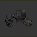 Old Fashioned Dark Colored Carriage With Red Interior And Spoked Wooden Wheels