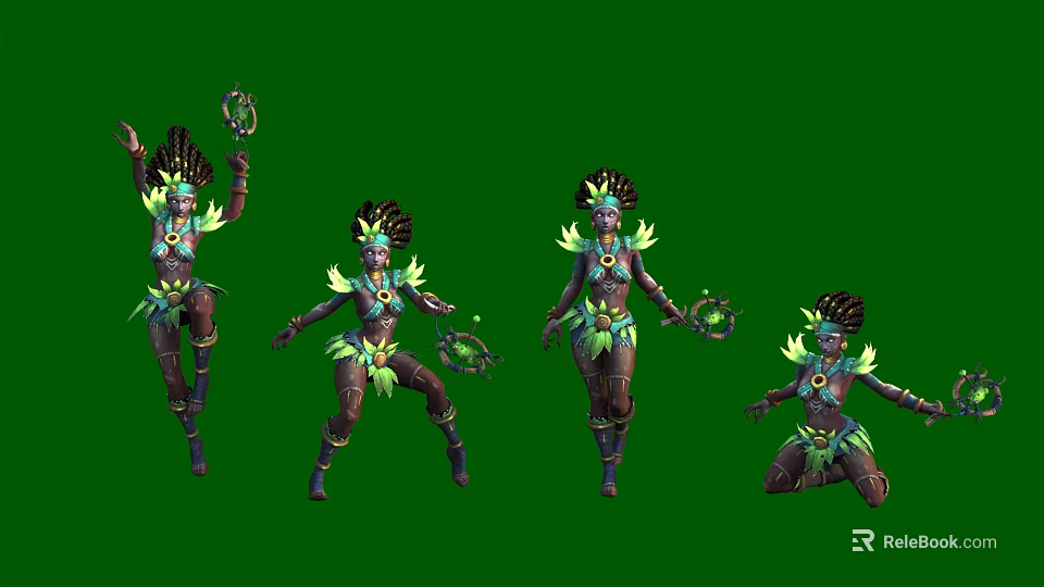 Colorful Fantasy Characters In Various Poses With Creature Inspired Outfits Holding Rings On Green Screen 3d model 