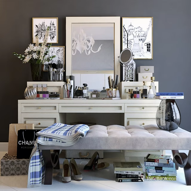 Elegant White Vanity Table With Mirror Cosmetics Decorative Items And Padded Bench 3d model