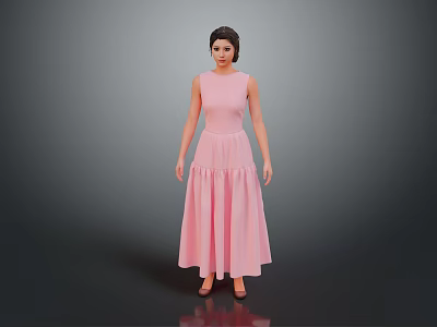 Pink Sleeveless Long Dress With Pleated Skirt And Light Fabric Design 3d model