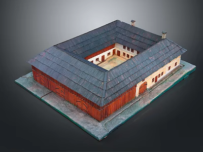 Traditional Square Shaped Residential Building With Dark Roof Red Walls And Central Courtyard 3d model