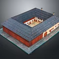 Traditional Square Shaped Residential Building With Dark Roof Red Walls And Central Courtyard