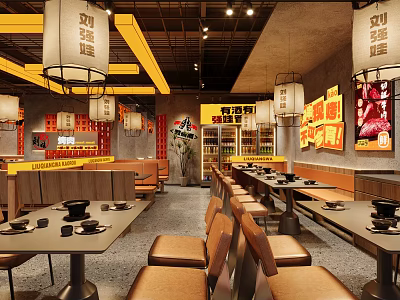 Chinese Style Restaurant Interior With Hanging Lanterns Yellow Accents Tables Chairs And Wall Posters 3d model