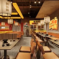 Chinese Style Restaurant Interior With Hanging Lanterns Yellow Accents Tables Chairs And Wall Posters