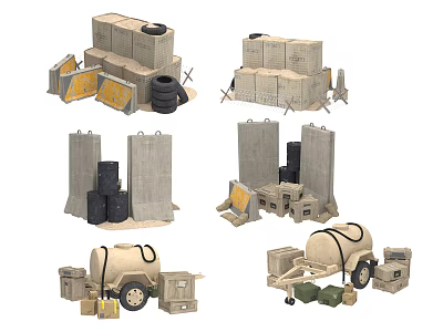 Industrial Equipment For Storage And Transport With Concrete Barriers Drums And Trailers 3d model