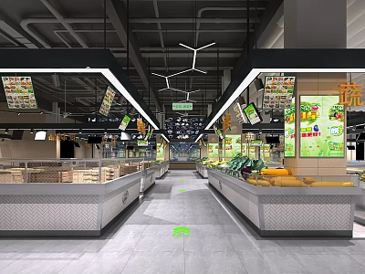 Modern Supermarket Interior With Fresh Produce Section Spacious Aisles And Shelves 3d model