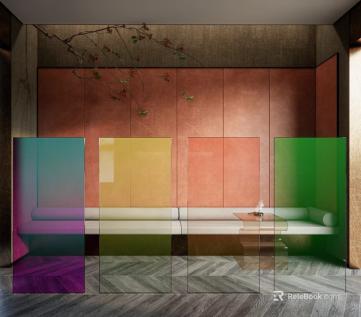 Colorful Glass Partition Design In Modern Interior With Seating And Herringbone Floor 3d model 