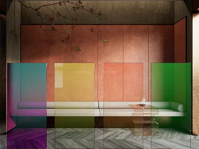 Colorful Glass Partition Design In Modern Interior With Seating And Herringbone Floor 3d model