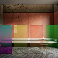 Colorful Glass Partition Design In Modern Interior With Seating And Herringbone Floor