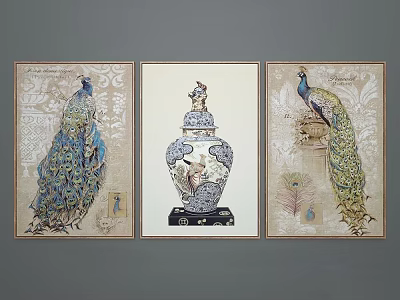 Three Panel Animal Paintings Featuring Peacocks And Decorative Vase With Intricate Patterns 3d model