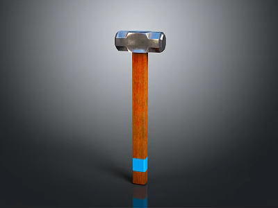 Silver Head Hammer With Brown Wooden Handle And Blue Accent Ring As Weapon 3d model