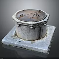 Old Rusty Manhole Cover On Mossy Square Stone Base With Cracked Edges 3d model