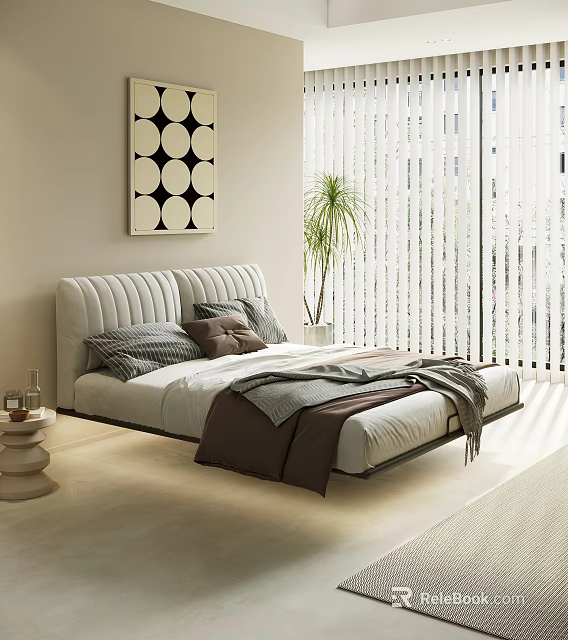 Modern Double Bed Interior With Plush Pillows Blanket Plant And Decorative Art 3d model 