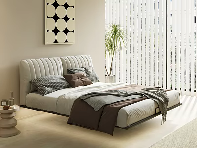 Modern Double Bed Interior With Plush Pillows Blanket Plant And Decorative Art 3d model