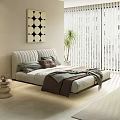 Modern Double Bed Interior With Plush Pillows Blanket Plant And Decorative Art