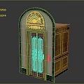 Ornate Wooden Entrance Door With Arched Top Green Trim Glass Panels And Side Cabinets
