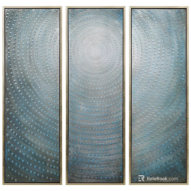 Three Panel Decorative Art With Blue Concentric Circles And Dot Patterns 3d model