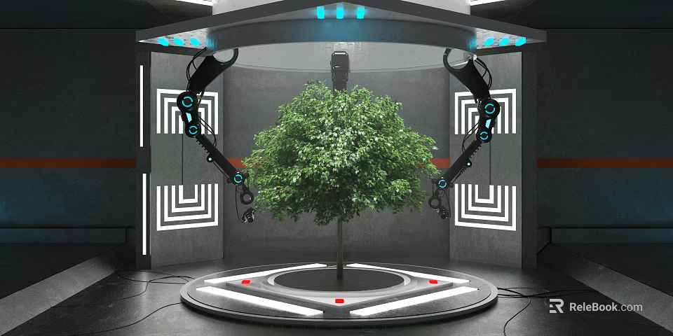 Smart Robotic Arms Nurturing Green Tree On Circular Platform With Futuristic Lights 3d model