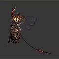 Decorative Mechanical Ornament With Red Gold Design Horned Structure And Glowing Core