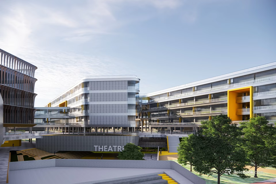 Modern School Building With Theatre Glass Facade Yellow Accents And Landscaped Trees 3d model 