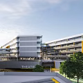 Modern School Building With Theatre Glass Facade Yellow Accents And Landscaped Trees