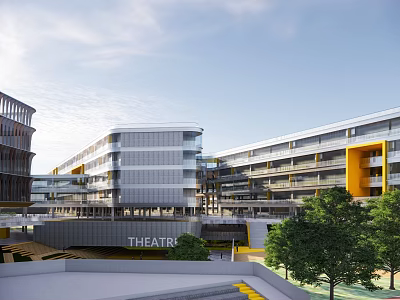 Modern School Building With Theatre Glass Facade Yellow Accents And Landscaped Trees 3d model