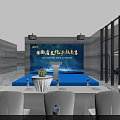 Modern Exhibition Hall With Marble Floor Landscape Paintings Display Stands And Digital Screens