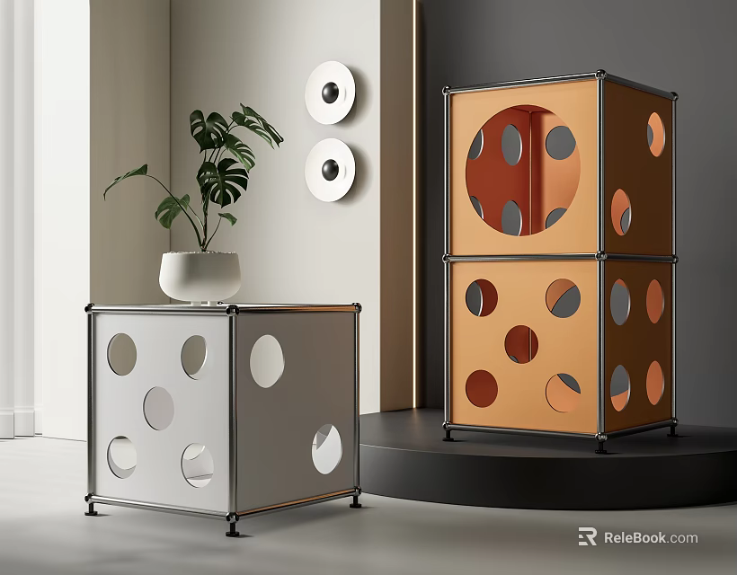 Modern Two Tone Side Tables With Cube Shape And Geometric Hollow Out Design 3d model 